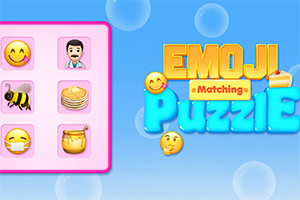 Farverige emojis og teksten Emoji Matching Puzzle på en blå baggrund med bobler
