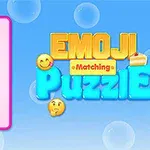 Farverige emojis og teksten Emoji Matching Puzzle på en blå baggrund med bobler