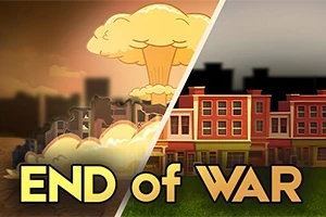 En illustration delt i to, der viser en eksplosiv sky over ødelagte bygninger på den ene side og intakte farverige rækkehuse på den anden med teksten End of War forneden