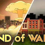 En illustration delt i to, der viser en eksplosiv sky over ødelagte bygninger på den ene side og intakte farverige rækkehuse på den anden med teksten End of War forneden