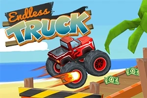 En rød monstertruck kører op ad en rampe på en strand med penge og palmetræer i baggrunden