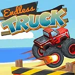 En rød monstertruck kører op ad en rampe på en strand med penge og palmetræer i baggrunden