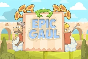 To tegneseriefigurer med hjelme står ved siden af et stort skilt med teksten EPIC GAUL foran en antik akvædukt