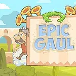 To tegneseriefigurer med hjelme står ved siden af et stort skilt med teksten EPIC GAUL foran en antik akvædukt
