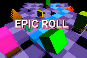 Farverige 3D-terninger og blokke på et sort og lilla ternet bræt med teksten EPIC ROLL i midten