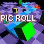 Farverige 3D-terninger og blokke på et sort og lilla ternet bræt med teksten EPIC ROLL i midten