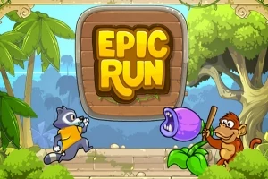 En farverig scene med en vaskebjørn der løber mod en violet plante, mens en abe holder en kølle, omgivet af tropiske træer og et skilt med teksten Epic Run
