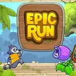 En farverig scene med en vaskebjørn der løber mod en violet plante, mens en abe holder en kølle, omgivet af tropiske træer og et skilt med teksten Epic Run