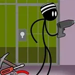 En stregtegnet figur iført stribet hat, bruger en boremaskine ved et tremmevindue, med en hakke og et koben liggende på gulvet