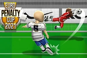 En spiller i hvid og blå trøje sparker en fodbold mod målet, mens en målmand i rød forsøger at redde den
