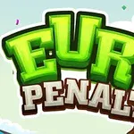 Grøn og hvid tekst Euro Penalty med en fodbold indlejret i bogstavet O mod en himmelbaggrund