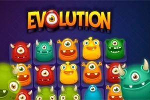 Farverige, enøjede monstre med forskellige ansigtsudtryk og horn i et gitterlayout under teksten EVOLUTION