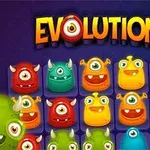 Farverige, enøjede monstre med forskellige ansigtsudtryk og horn i et gitterlayout under teksten EVOLUTION