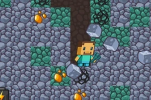 En pixel-animeret figur iført en blå dragt står i en stenet tunnel omgivet af farverige klumper i grå og grønne nuancer