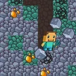 En pixel-animeret figur iført en blå dragt står i en stenet tunnel omgivet af farverige klumper i grå og grønne nuancer