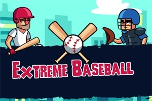 To tegnede baseballspillere med hjelme og udstyr står overfor hinanden, der er en baseball og to krydsede flagermus øverst, med teksten Extreme Baseball i midten
