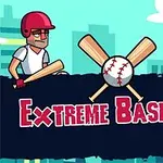 To tegnede baseballspillere med hjelme og udstyr står overfor hinanden, der er en baseball og to krydsede flagermus øverst, med teksten Extreme Baseball i midten