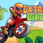 En motorcyklist med orange hjelm laver et hop på en rød motorcykel, omkranset af tropiske planter og bjerge i baggrunden, mens teksten Extreme Bikers ses øverst