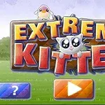 Et stort, farverigt skilt med teksten EXTREME KITTEN, dekoreret med en tegneserieagtig kat, en lille fugl, samt en blå spørgsmålsknap og en orange knap nederst