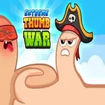 To tegneserie-tommer med ansigter, iført en pirathat og et rødt bandana, med teksten Extreme Thumb War i baggrunden