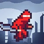 En pixelkunst ninja i rødt hopper foran en bysilhuet i baggrunden