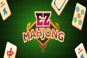 Grøn baggrund med teksten EZ Mahjong omgivet af fem mahjong-brikker med forskellige symboler