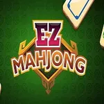 Grøn baggrund med teksten EZ Mahjong omgivet af fem mahjong-brikker med forskellige symboler