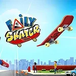 Tegnefilmstil figur i skateboardtøj hopper i luften ved siden af et flyvende skateboard med en bybaggrund og logo i midten
