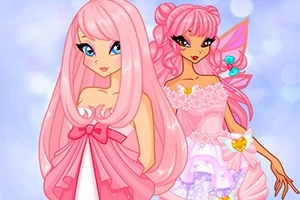 To an unge animerede kvinder med langt pink hår og elegante kjoler, står foran en lys blå baggrund med bokeh-effekt