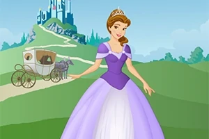 En prinsesse i en lilla kjole står foran en vogn og et slot i baggrunden