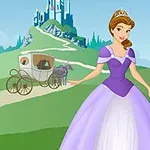 En prinsesse i en lilla kjole står foran en vogn og et slot i baggrunden