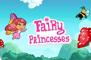 En lyserød klædt eventyrprinsesse med lilla hår og vinger flyver ved siden af en bi og røde svampe med hvide pletter, omgivet af skyer og bjerge med teksten Fairy Princesses i en lyserød skrifttype