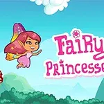 En lyserød klædt eventyrprinsesse med lilla hår og vinger flyver ved siden af en bi og røde svampe med hvide pletter, omgivet af skyer og bjerge med teksten Fairy Princesses i en lyserød skrifttype