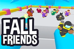 Flere farverige figurer løber på en platform med teksten Fall Friends i forgrunden