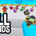 Flere farverige figurer løber på en platform med teksten Fall Friends i forgrunden