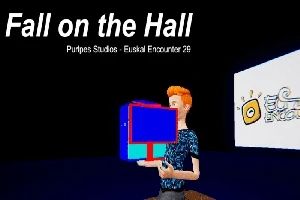 En animeret person med orange hår holder en blå og rød terning foran en mørk baggrund med teksten Fall on the Hall øverst