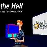 En animeret person med orange hår holder en blå og rød terning foran en mørk baggrund med teksten Fall on the Hall øverst