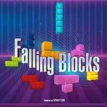 Farverige blokke i forskellige former og nuancer, der falder ned under teksten Falling Blocks på en lilla og blåstribet baggrund