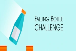 En tegnet blå flaske med orange låg falder mellem orange platforme på en lyseblå baggrund med teksten Falling Bottle Challenge