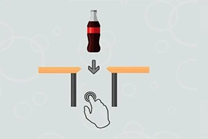 En sodavandsflaske svæver over to borde med en pil pegende nedad og en hånd, der symboliserer en trykbevægelse