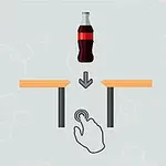 En sodavandsflaske svæver over to borde med en pil pegende nedad og en hånd, der symboliserer en trykbevægelse