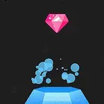 Lyserød diamant svæver over en blå platform med bobler omkring, på en sort baggrund