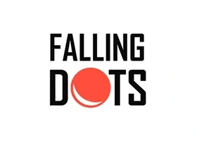 Teksten Falling Dots med en stor orange prik imellem ordene på en hvid baggrund
