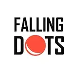 Teksten Falling Dots med en stor orange prik imellem ordene på en hvid baggrund