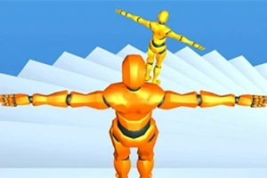 To orange robotlignende figurer står med strakte arme på en hvid trappe med blå baggrund