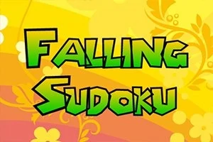 Grøn tekst Falling Sudoku på en farverig baggrund med gule og orange nuancer samt blomstermønstre
