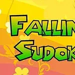 Grøn tekst Falling Sudoku på en farverig baggrund med gule og orange nuancer samt blomstermønstre