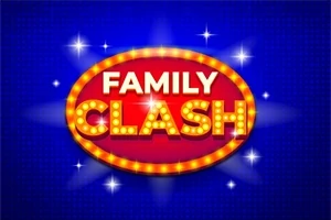 Et ovalt skilt med teksten FAMILY CLASH i gule lys med en blå stjernehimmel som baggrund