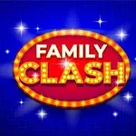 Et ovalt skilt med teksten FAMILY CLASH i gule lys med en blå stjernehimmel som baggrund