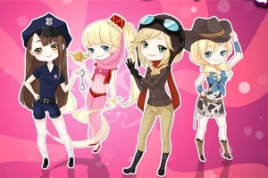 Fire chibi-figurer klædt i forskellige kostumer, herunder politi, pink eventyrer, pilot og cowboy, med en pink baggrund